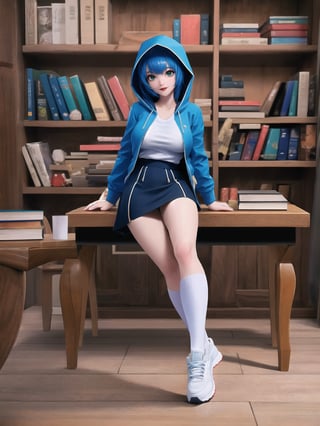 A woman is wearing a blue coat with a hood covering her head, a white T-shirt, a very short black skirt, knee-length lycra socks and white sneakers. The outfit is very tight on the body and her breasts are gigantic. She has blue hair, short in chanel style, with a very long fringe covering her left eye. She is looking directly at the viewer. She is inside a classroom, with a blackboard, tables with chairs, bookshelves with books and windows. There are many structures around, ((A woman is striking a sensual pose, interacting and leaning on any available object/structure in the scene)). maximum sharpness, UHD, 16k, anime style, best possible quality, ultra detailed, best possible resolution, (full body:1.5), Unreal Engine 5, professional photography, perfect_thighs, perfect_legs, perfect_feet, perfect hand, fingers, hand, perfect, better_hands, more detail