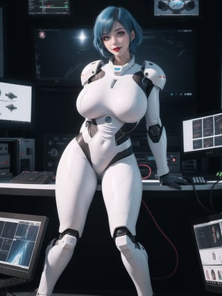 ((Princess Peach)), wearing a mecha suit with blue parts, all white suit, cybernetic armor suit, suit with attached lights, ((gigantic breasts)), full body covering suit, suit very tight on the body, synthetic suit, very short hair, blue hair, mohawk hair, hair with bangs in front of the eyes, she's looking directly at the viewer, she is in an alien aircraft in the control room, with many computers, control panels, display showing outer space, mecha robots, pipes with flowing electricity, UHD, best possible quality, ultra detailed, best possible resolution, ultra technological, futuristic, robotic, Unreal Engine 5, professional photography, ((she is doing sensual pose with interaction and leaning on anything+object+on something+leaning against)), ((full body)), better hands, More detail,