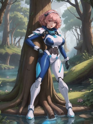 A woman is wearing an all-white mecha suit with blue parts. The mecha suit is very tight on her body, she has gigantic breasts. She has very short, pink, curly hair, with bangs in front of her eyes. She is looking directly at the viewer. She is in a magical forest with lots of trees, wooden structures and large tree trunks. It's night, there are many altars with ancient relics and a large pond, ((full body)), UHD, best possible quality, ultra detailed, best possible resolution, ultra technological, Unreal Engine 5, professional photography, she is doing (sensual pose with interaction and leaning on anything) + (object + on something + leaning against), perfect, More detail,