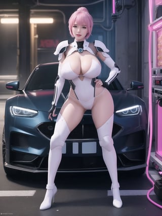 A woman, with (gigantic breasts), with wosawe cyber Armor All White, wosawe cyber armor small parts in blue, wosawe cyber armor with lights attached, pink hair, short hair, hair with bangs in front of her eyes, she is a garage, with many futuristic cars, food machines, video games, 16K, UHD, best possible quality, ultra detailed, best possible resolution, ultra technological, cyberpunk, robotic, Unreal Engine 5, professional photography, she is,  ((sensual pose with interaction and leaning on anything + object + on something + leaning against)) + perfect_thighs, perfect_legs, perfect_feet, better_hands, ((full body)), More detail,