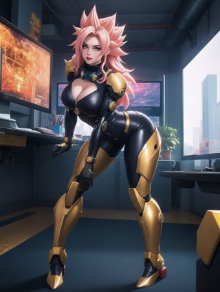 A woman, wearing an all-black mecha suit, a mecha costume with golden parts, a mecha costume with golden lights, a locks suit that is tight on the body, wearing a wick helmet with a transparent visor with lights, pink hair, ((super saiyan hair)), spiky hair, hair that is too short, messy hair, hair with bangs in front of the eyes, gigantic breasts, (looking directly at the viewer),  she's in a futuristic lab, computers, machines, window showing the city, 16K, UHD, best possible quality, ultra detailed, best possible resolution, Unreal Engine 5, professional photography, she is, ((sensual pose with interaction and leaning on anything + object + on something + leaning against)) + perfect_thighs, perfect_legs, perfect_feet, better_hands, ((full body)), More detail,