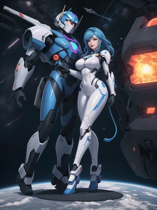 A woman is wearing an all-white mecha costume, with blue parts and luminous couplings. The mecha suit is very tight on the body and has cybernetic armor. She has gigantic breasts and short, blue, mohawk hair with a fringe that falls in front of her eyes. She is looking directly at the viewer. She is in an alien aircraft filled with technological structures, machines, computers and aliens armed with lasers. The aircraft has elevators and windows that show outer space, ((She is striking a sensual pose, leaning on anything or object, resting and leaning against herself over it)), ((full body)), super_metroid, mecha, UHD, best possible quality, ultra detailed, best possible resolution, Unreal Engine 5, professional photography, perfect hand, fingers, hand, perfect, More detail,