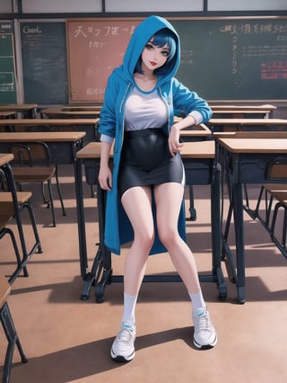 A woman is wearing a blue coat with a hood covering her head, a white T-shirt, a very short black skirt, knee-length lycra socks and white sneakers. The outfit is very tight on the body and her breasts are gigantic. She has blue hair, short in chanel style, with a very long fringe covering her left eye. She is looking directly at the viewer. She is inside a classroom, with a blackboard, tables with chairs, bookshelves with books and windows. There are many structures around. ((A woman doing a sensual pose with interaction and leaning on anything+object+on something+structure+leaning against)), maximum sharpness, UHD, 16k, anime style, best possible quality, ultra detailed, best possible resolution, (full body:1.5), Unreal Engine 5, professional photography, perfect_thighs, perfect_legs, perfect_feet, perfect hand, fingers, hand, perfect, better_hands, more detail