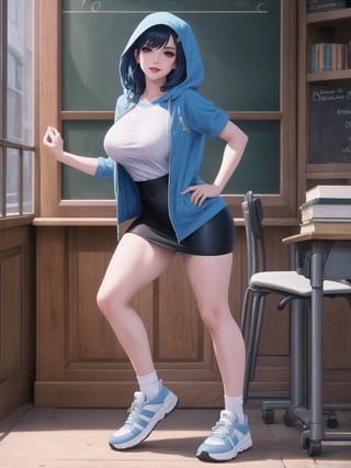 A woman is wearing a blue coat with a hood covering her head, a white T-shirt, a very short black skirt, knee-length lycra socks and white sneakers. The outfit is very tight on the body and her breasts are gigantic. She has blue hair, short in chanel style, with a very long fringe covering her left eye. She is looking directly at the viewer. She is inside a classroom, with a blackboard, tables with chairs, bookshelves with books and windows. There are many structures around. ((A woman doing a sensual pose with interaction and leaning on anything+object+on something+structure+leaning against+sensual pose)), maximum sharpness, super_metroid, UHD, 16k, best possible quality, ultra detailed, best possible resolution, (full body:1.5), Unreal Engine 5, professional photography, perfect_thighs, perfect_legs, perfect_feet, perfect hand, fingers, hand, perfect, better_hands, more detail