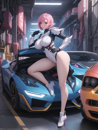 A woman, with (gigantic breasts), with wosawe cyber Armor All White, wosawe cyber armor small parts in blue, wosawe cyber armor with lights attached, pink hair, short hair, hair with bangs in front of her eyes, she is a garage, with many futuristic cars, food machines, video games, 16K, UHD, best possible quality, ultra detailed, best possible resolution, ultra technological, cyberpunk, robotic, Unreal Engine 5, professional photography, she is,  ((sensual pose with interaction and leaning on anything + object + on something + leaning against)) + perfect_thighs, perfect_legs, perfect_feet, better_hands, ((full body)), More detail,