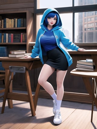 A woman is wearing a blue coat with a hood covering her head, a white T-shirt, a very short black skirt, knee-length lycra socks and white sneakers. The outfit is very tight on the body and her breasts are gigantic. She has blue hair, short in chanel style, with a very long fringe covering her left eye. She is looking directly at the viewer. She is inside a classroom, with a blackboard, tables with chairs, bookshelves with books and windows. There are many structures around. ((A woman is striking a sensual pose, interacting and leaning on a very large object+structure)). maximum sharpness, UHD, 16k, anime style, best possible quality, ultra detailed, best possible resolution, (full body:1.5), Unreal Engine 5, professional photography, perfect_thighs, perfect_legs, perfect_feet, perfect hand, fingers, hand, perfect, better_hands, more detail