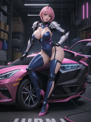 A woman, with (gigantic breasts), with wosawe cyber Armor All White, wosawe cyber armor small parts in blue, wosawe cyber armor with lights attached, pink hair, short hair, hair with bangs in front of her eyes, she is a garage, with many futuristic cars, food machines, video games, 16K, UHD, best possible quality, ultra detailed, best possible resolution, ultra technological, cyberpunk, robotic, Unreal Engine 5, professional photography, she is,  ((sensual pose with interaction and leaning on anything + object + on something + leaning against)) + perfect_thighs, perfect_legs, perfect_feet, better_hands, ((full body)), More detail,