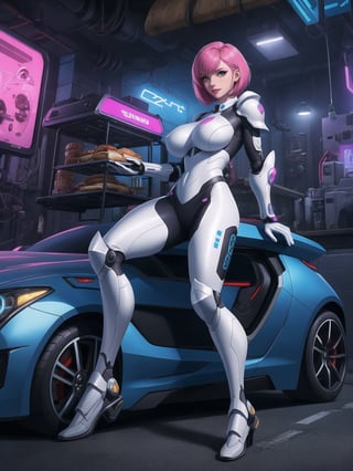 A woman, with (gigantic breasts), with wosawe cyber Armor All White, wosawe cyber armor small parts in blue, wosawe cyber armor with lights attached, pink hair, short hair, hair with bangs in front of her eyes, she is a garage, with many futuristic cars, food machines, video games, 16K, UHD, best possible quality, ultra detailed, best possible resolution, ultra technological, cyberpunk, robotic, Unreal Engine 5, professional photography, she is,  ((sensual pose with interaction and leaning on anything + object + on something + leaning against)) + perfect_thighs, perfect_legs, perfect_feet, better_hands, ((full body)), More detail,