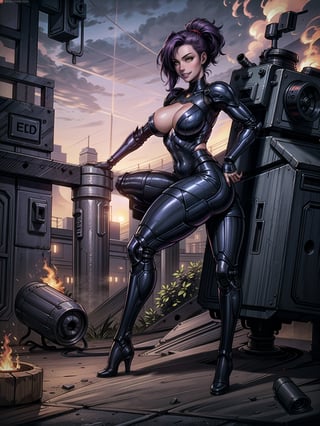 A woman, wearing white cybernetic armor with tight and tight red areas, gigantic breasts, wearing helmet with visor, purple hair, extremely short hair, rebellious hair, hair with ponytail, hair with bangs in front of the eye, looking at the viewer, (((sensual pose+Interacting+leaning on anything+object+leaning against))), on a battlefield with [machines|stone structures],  military vehicles, fire everywhere, ((full body):1.5), 16K, UHD, unreal engine 5, quality max, max resolution, ultra-realistic, ultra-detailed, maximum sharpness, ((perfect_hands):1), Goodhands-beta2, ((technological))