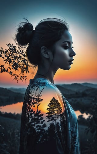 Highly conceptual digital art, beautiful double exposure, combining the silhouette of a girl in twilight tranquility, capturing the calm of soft gradients, serene landscapes transitioning from day to night, monochrome background, perfect composition, sharp focus, perfect nature photography- still life, highly detailed masterpiece, vibrant colors, by Kingshuk's madness, intricate portrait, high dynamic resolution, award-winning UHD photo shoot