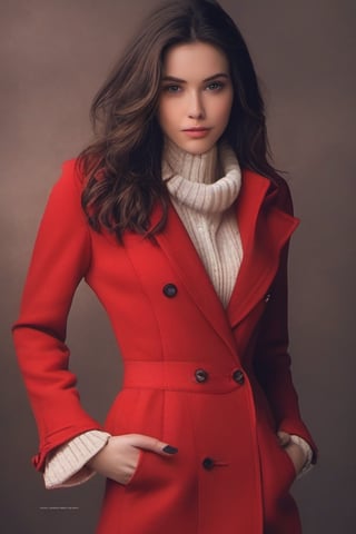 1girl, closeup, long red jacket over, cream-colored turtleneck sweater, High waist black pencil skirt, tights, long brown hair, cute face, (fit), (toned), looking down at viewer, soft abs, ab lines, extreme camera angle, pov below girl, long hair, braided hair, (grinning), thin waist, covered navel,