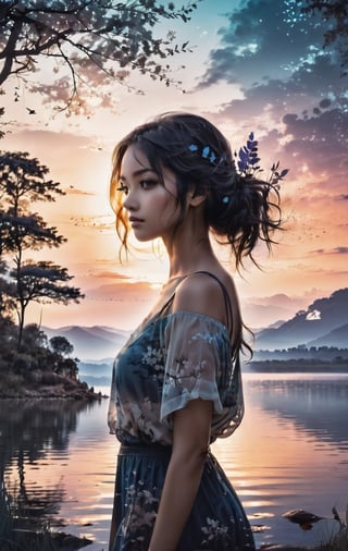 Highly conceptual digital art, beautiful double exposure, combining the silhouette of a girl in twilight tranquility, capturing the calm of soft gradients, serene landscapes transitioning from day to night, monochrome background, perfect composition, sharp focus, perfect nature photography- still life, highly detailed masterpiece, vibrant colors, by Kingshuk's madness, intricate portrait, high dynamic resolution, award-winning UHD photo shoot