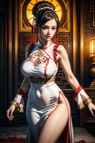 4k, high quality, beautiful lighting, soft lighting, realistic, short black bob, red eyes, sexy, big breasts, thick thighs, wide hips, girl wearing white thin silk nightgown with black trim, leg slit, muscular, toned, long flowing Chinese dress, ornate, jewelry, bun, hair accessories