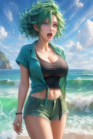 (masterpiece, profesional photo), (8k, high resolution), women, European, (swirly hair (green and blue color), ), young, sexy curve, beautiful face, ultra detail eyes, (close mouth:1.2), big breast, tight breast, (ripped boxer shorts:1.2), (loose black shirt:1.2), sexy goddess, cute, street, old beach side build, high quality image, half body photo