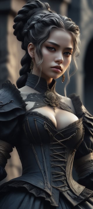 beautiful anime dream, High detailed face and body,
Extreme silhouette of an armored evil dark goddess wearing an 18th century 3 piece outfit and plaited hair,
dystopian peeling layers, sad, 
dark paranormal, layered, fine detailed coal texture, lithographic style, dim dusk, cinematic, Film light, Hyper detailed, Hyper realistic, masterpiece, atmospheric, High resolution, Vibrant, High contrast, dark angle, 8k, HDR, line art, watercolor wash, luminism,