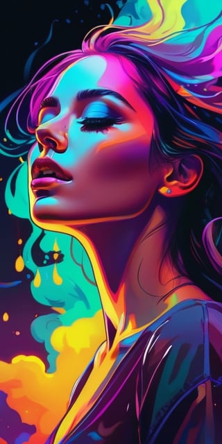 bold neon colors, cartoon style illustration of a woman as she sees the world while experiencing hallucinations, stoned, splash art, splashed neon colors, (iridiscent glowy smoke) ((motion effects)), best quality, wallpaper art, UHD, centered image, MSchiffer art, ((flat colors)), (cel-shading style) very bold neon colors, ((high saturation)) ink lines, psychedelic environment