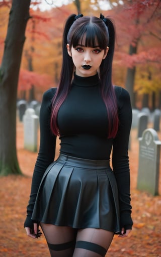 score_9, score_8_up, score_7_up, score_6_up, 1girl, goth girl, (young:1.3), glowing red eyes, black lipstick, long hair, ponytail, blunt bangs, black hair, red hair ribbon, brown eyes, tight black sweater, perky breasts, black corset, big ass, wide hips, black pleat skirt, black pantyhose, black high heel boots, cemetery, dark forest, looking at viewer