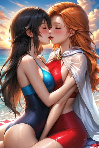 (masterpiece), best quality, 2 girls, (1 girl orange hair, long hair, blush on the cheeks, closed eyes, side ponytail, stretches to kiss 2 girl, swimsuit), (2 girls, black hair, long hair, green eyes, white wet cape, stretches to kiss 1 girl), last summer, last evening, last sunset, (lying on the beach), clouds, close view