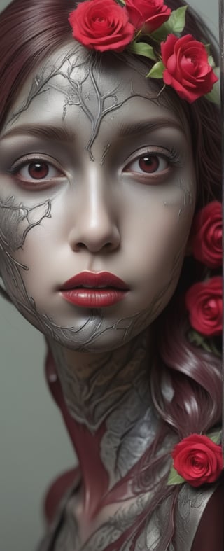 In a vivid, whimsical illustration inspired by Michelangelo's masterpieces, an Iron Punk Tree Face emerges, its visage etched with hyperrealistic detail, worn from ages past. Against a subtle Feldgrau backdrop, the face glows with an otherworldly sheen. Sensual red lips, shimmering like celestial bodies, radiate an intense allure, heightened by the wine-red dew's subtle sparkle. Delicate gothic roses adorn the face, symbolizing its timeless essence, as if plucked from a mystical forest.,<lora:659095807385103906:1.0>