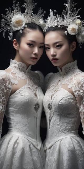 Two identical girls, one dressed in black embodying darkness and the other dressed in white representing goodness, engage in a captivating dance symbolizing the eternal conflict between good and evil. This visually striking image, possibly a black and white photograph, showcases the stark contrast between the girls' opposing costumes and the emotions they evoke. The intricate details, such as the delicate lace on their dresses and the intensity in their eyes, enhance the richness and depth of this high-quality image.