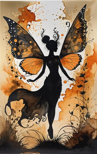 Silhouette Art, breathtaking ( absurdres divine aesthetic  FaeTastic extravaganza alcohol ink sketch). amazing, fine, detailed, masterpiece, lovely, charming, awe-inspiring, radiant, magnificent. (all dark hues and fine vibrant orange glowing smoldering accent and shiny gold color scheme:1.02). glossy.
  . award-winning, professional, highly detailed . extremely high-resolution details, photographic, realism pushed to extreme, fine texture, incredibly lifelike, high contrast, well defined .