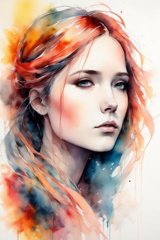 (8k, best quality, masterpiece:1.2),(best quality:1.0), (ultra highres:1.0), watercolor, a beautiful woman, shoulder, hair ribbons, by agnes cecile, half body portrait, extremely luminous bright design, pastel colors, (ink:1.3), autumn lights