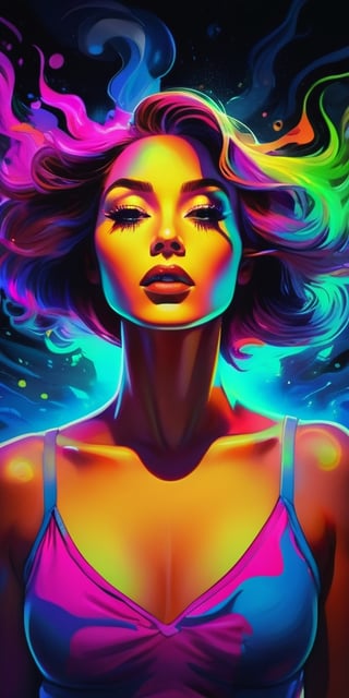 bold neon colors, cartoon style illustration of a woman as she sees the world while experiencing hallucinations, stoned, splash art, splashed neon colors, (iridiscent glowy smoke) ((motion effects)), best quality, wallpaper art, UHD, centered image, MSchiffer art, ((flat colors)), (cel-shading style) very bold neon colors, ((high saturation)) ink lines, psychedelic environment