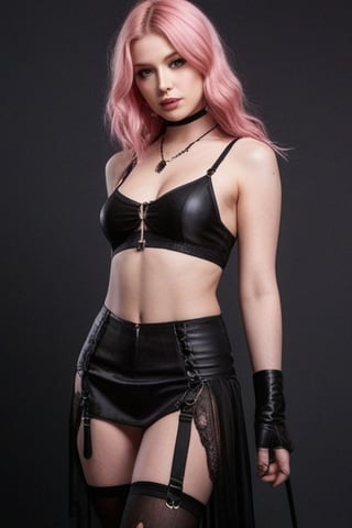 masterpiece, best quality, 1girl, sh33rl1ng3r13, thighhighs, underwear, panties, see-through, black panties, garter straps, leather, long sheer skirt, crop top, gothic, slit skirt, long skirt, skirt, sheer skirt, sexy, long hair, pink hair, simple background