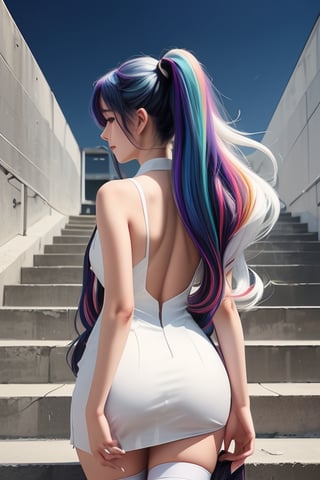 The girl goes up the stairs, long ponytail, gradient hair, multicolored hair, night, A look back, stockings, transperent dress white with open back, stripes on the back, perfect ass, bottom view, stair to the mountain, , RETRO ART STYLE, NEON_POP ART STYLE, ART STYLE