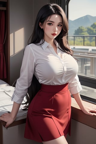 an animated drawing of the sexy woman in a red skirt and short skirt, skirt, breasts, shirt, train interior, white shirt, long hair, red skirt, cleavage, bra visible through clothes, black hair, collared shirt, shirt tucked in, pencil skirt, mole, see-through, bra, dress shirt, mole under eye, large breasts, solo focus