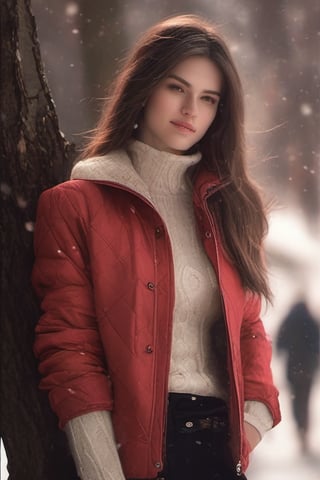 1girl, closeup, long red jacket over, cream-colored turtleneck sweater, High waist black pencil skirt, tights, long brown hair, cute face, (fit), (toned), looking down at viewer, soft abs, ab lines, extreme camera angle, pov below girl, long hair, braided hair, (grinning), thin waist, covered navel,