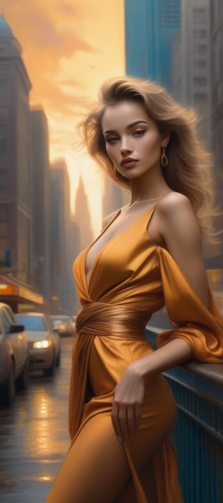 A stunning woman stands confidently in the midst of a vibrant modern cityscape, bathed in natural light. She wears an elegant attire with subtle sheen, her features illuminated by the warm glow of street lamps and skyscrapers. The urban setting is alive with activity, yet she remains serene, her pose exuding poise and sophistication. In digital painting style, reminiscent of Boris Vallejo's and Luis Royo's works, the image bursts with color and texture. As if inspired by Van Gogh's brushstrokes, swirling patterns dance across the cityscape. This mesmerizing scene is sure to trend on social media, captivating audiences worldwide, much like a provocative street art piece by Banksy, Carne Griffiths, or Wadim Kashin.