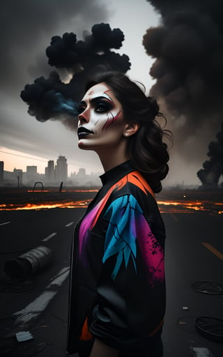 Whispering Horror Core Woman stands at the edge of a ravaged cityscape, her dark, textured hair and clothing blending with the smoky, apocalyptic haze. In a 3/4 view, she gazes out into the distance, her features illuminated by an otherworldly glow. A kaleidoscope of bright paint colors contrasts against the desolate landscape, accentuating her dramatic beauty. Sharp focus and dynamic composition emphasize her powerful pose amidst a backdrop of twisted metal and crumbling concrete. The air is thick with smoke and the whispers of horrors unseen, as Wadim Kashin and Carne Griffiths masterfully weave together graffiti and airbrushing techniques to create an awe-inspiring piece of artstation-inspired concept art.