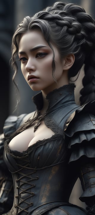 beautiful anime dream, High detailed face and body,
Extreme silhouette of an armored evil dark goddess wearing an 18th century 3 piece outfit and plaited hair,
dystopian peeling layers, sad, 
dark paranormal, layered, fine detailed coal texture, lithographic style, dim dusk, cinematic, Film light, Hyper detailed, Hyper realistic, masterpiece, atmospheric, High resolution, Vibrant, High contrast, dark angle, 8k, HDR, line art, watercolor wash, luminism,