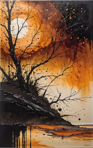 In a stunning display of artistic mastery, a breathtaking Silhouette Art piece unfolds before us. Against a dark, glossy background, a magnificent, FaeTastic extravaganza emerges in absurdly divine detail. Vibrant orange hues smolder and shine like molten gold, imbuing the entire scene with a sense of wonder.

A fine, detailed masterpiece of alcohol ink sketching, this artwork is so realistic it's as if we're gazing at a photograph. The texture is incredibly lifelike, with high contrast and well-defined details that draw us in. In short, an award-winning, professional piece that will leave us awestruck.