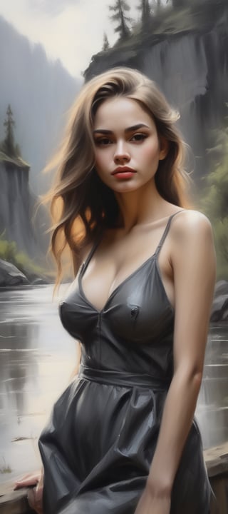 beautiful woman,olpntng style, sketch, charcoal, idyllic scenery, oil painting, heavy strokes, paint dripping