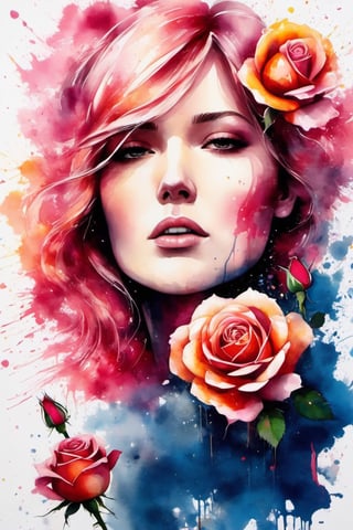 wtrcolor style, (rose) digital art, official art, blown by the wind, masterpiece, beautiful, ((watercolor)), paint splatter, intricate detail. Great detail, [dripping:0.7], Trending on Artstation, Rachel Walker