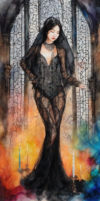 Colorful alcohol ink painting. Full body image of a female 18 year old stunning Korean, wearing a torn lace bodysuit with silver buckles and a long black lace veil and ritualistic silver jewellery  in a dark medieval castle enlightened with burning candles. 