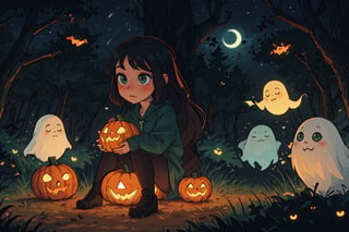 masterpiece, 8k, best quality, cute girl, witch, long black curly hair, green eyes, blush, sitting on pumpkin, dark forest, ghost behind, darkness, atmosferic, midnight,, cute, cartoon