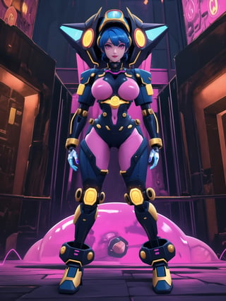 Kariania is a 25-year-old woman who is wearing an all-black mecha musume outfit with pink accessories and golden neon lights. She is wearing a cybernetic helmet with neon lights. The outfit is well fitted to her body, with parts of cybernetic armor. Her body is perfect, her breasts are gigantic and firm. Her hair is blue and very short, punk style, with a quiff. She is looking at the viewer, in an alien scientific laboratory with many technological machines, alien robots, and slimes. There are circular lights attached to the walls, illuminating the entire environment, along with many technological structures.. Maximum sharpness, UHD, 16K, anime style,  ((Create a dynamic pose for her, interacting with any structure or element generated in the image, leaning and resting on it)), best possible quality, ultra detailed, best possible resolution, (full body:1.5), Unreal Engine 5, Anime CGI style, perfect hand, fingers, hand, perfect, better_hands, More detail