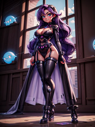 ((full body, standing):1.5), {((1 woman))}, {((wearing black futuristic costume with blank parts and gears and mechanical parts, extremely tight and tight on the body, showing her curvatures)), ((extremely large breasts)), ((very short purple hair, blue eyes)) looking at viewer, smiling, very happy, ((exhibitionist pose leaning back)), ((in ghost spaceship, all destroyed, old equipment, spider webs, a lot of dirt, windows, equipment on the floor))}, 16k, best quality, best resolution, best sharpness, ultra detailed,jolynejojo