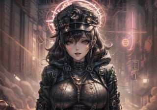 Masterpiece, Best quality, High resolution, Voluptuous woman, city, night, neon lights, club, Only woman, Curves, Masterpiece, Big breasts, cheerful expression, hooded jacket, t-shirt, black hair, torturous happiness, background steampunk city, necklace, brown eyes, long hair, dynamic pose, ripped pants, dynamic view, cap