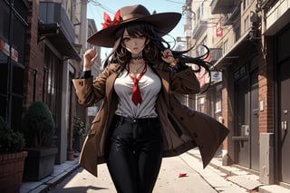 A voluptuous woman, earthy brown eyes, light black hair with deep brown streaks in her hair, very long hair, flowing hair, punk hair, thighs, only 2 hands with 5 fingers on each hand, only 2 legs with 5 fingers on each leg , dirty body, alone, brown office t-shirt, big black jacket, black pants, gold jewelry, brown formal short-sleeved suit, tattoos all over the body, big brown angel wings, walking, outdoors, drinking coffee, sunglasses, black hat, brown tie, brown hat bow, (extremely detailed CG unity 8k wallpaper), (masterpiece), (best quality), (ultra-detailed), (best illustration),(best shadow), (an extremely delicate and beautiful), fine detail, (bloom), (shine),  Beautiful, detailed eyes, (waifu, anime, exceptional, best aesthetic, new, newest, best quality, masterpiece, extremely detailed)