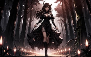 A voluptuous devil woman, light brown eyes, looking towards the viewer, very messy hair, dark black hair, very long hair, very loose hair, thighs, only 2 hands with 5 fingers on each hand, only 2 legs with 5 fingers on each leg, dirty body, alone, tattoos all over the body, walking, outdoors, night, dark night forest, chains all over the body, rusty chains, broken chains, many chains, several horns, big hips and breasts, dark flowers,  (extremely detailed CG unity 8k wallpaper), (masterpiece), (best quality), (ultra-detailed), (best illustration),(best shadow), (an extremely delicate and beautiful), fine detail, (bloom), (shine),  Beautiful, detailed eyes, (waifu, anime, exceptional, best aesthetic, new, newest, best quality, masterpiece, extremely detailed)