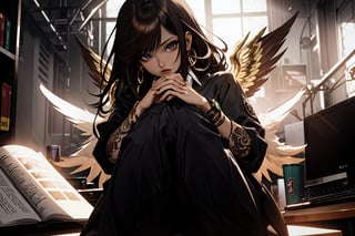 A voluptuous woman, earthy brown eyes, light black hair with deep brown streaks in her hair, very long hair, flowing hair, punk hair, thighs, only 2 hands with 5 fingers on each hand, only 2 legs with 5 fingers on each leg , dirty body, alone, brown office shirt, large short black jacket with green details, black pants, gold jewelry, brown formal short-sleeved suit, tattoos all over the body, large brown angel wings, (extremely detailed CG unity 8k wallpaper), (masterpiece), (best quality), (ultra-detailed), (best illustration),(best shadow), (an extremely delicate and beautiful), fine detail, (bloom), (shine),  Beautiful, detailed eyes, (waifu, anime, exceptional, best aesthetic, new, newest, best quality, masterpiece, extremely detailed)