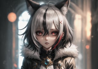 1 girl, black_eyes, coat, piercing_ears, fur coat, clipped feet, gloves, hair_between_eyes, high resolution, multicolored_hair, red_pupils, short_hair, side bangs, solo, highlighted_hair, two_tone_hair, white_gloves, white_hair, x-shaped_pupils, black_hair, blurred , brooch, cloak, dark_background, depth_of_field, fur-trimmed coat, fur trim, hair_between_eyes, high-res, jewelry, looking_at_viewer, multicolored_hair, portrait, red_eyes, shorthair, solo, streaked_hair, symbol_pupils, two-tone_hair, white_coat, white_hair, x-shaped_pupils,perfecteyes