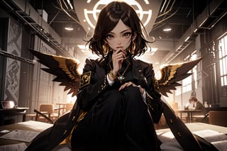 A voluptuous woman, earthy brown eyes, light black hair with deep brown streaks in the hair, long hair, punk hair, thighs, only 2 hands with 5 fingers on each hand, only 2 legs with 5 fingers on each leg, dirty body, Alone, brown office shirt, short large black jacket with green details, black pants, gold jewelry, formal brown short-sleeved suit, green tattoos all over the body, large brown angel wings, (extremely detailed CG unity 8k wallpaper), (masterpiece), (best quality), (ultra-detailed), (best illustration),(best shadow), (an extremely delicate and beautiful), fine detail, (bloom), (shine),  Beautiful, detailed eyes, (waifu, anime, exceptional, best aesthetic, new, newest, best quality, masterpiece, extremely detailed)