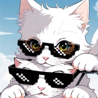 animal, solo, anime style, white cat, incrsdealwithit, 1sunglasses, no human,