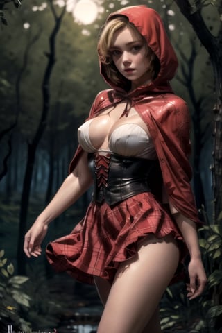 solo, 1girl, Little red hood, short blonde hair, blue eyes, ultra-detailed art illustration, perfect breasts, sagging chest, night forest background, red mini skirt,