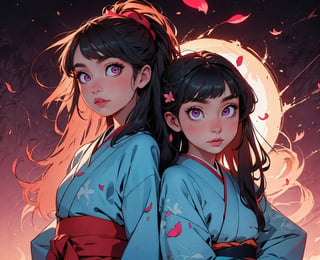 Multiple girls, glowing eyes, glowing, long hair, nice details, petals, japanese clothes